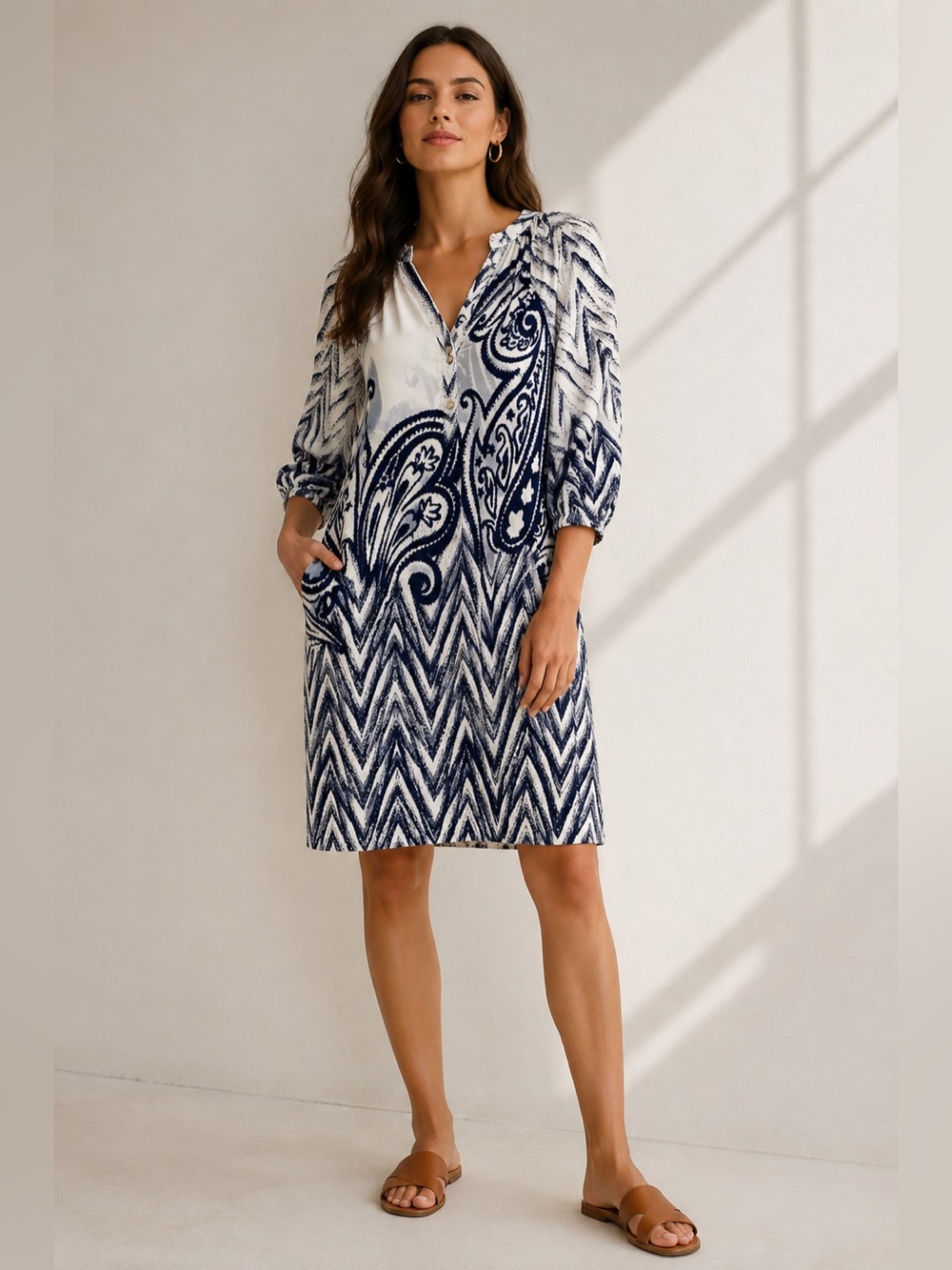 Tibi Paisley Chevron 3/4 Sleeve Print Shift Dress